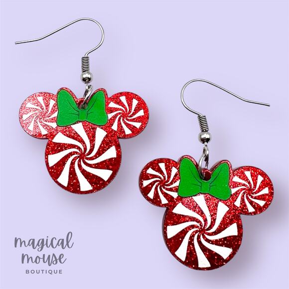 Candy Cane Minnie Earrings | Disney-Inspired Christmas Glitter Acrylic Earrings - Picture 1 of 3